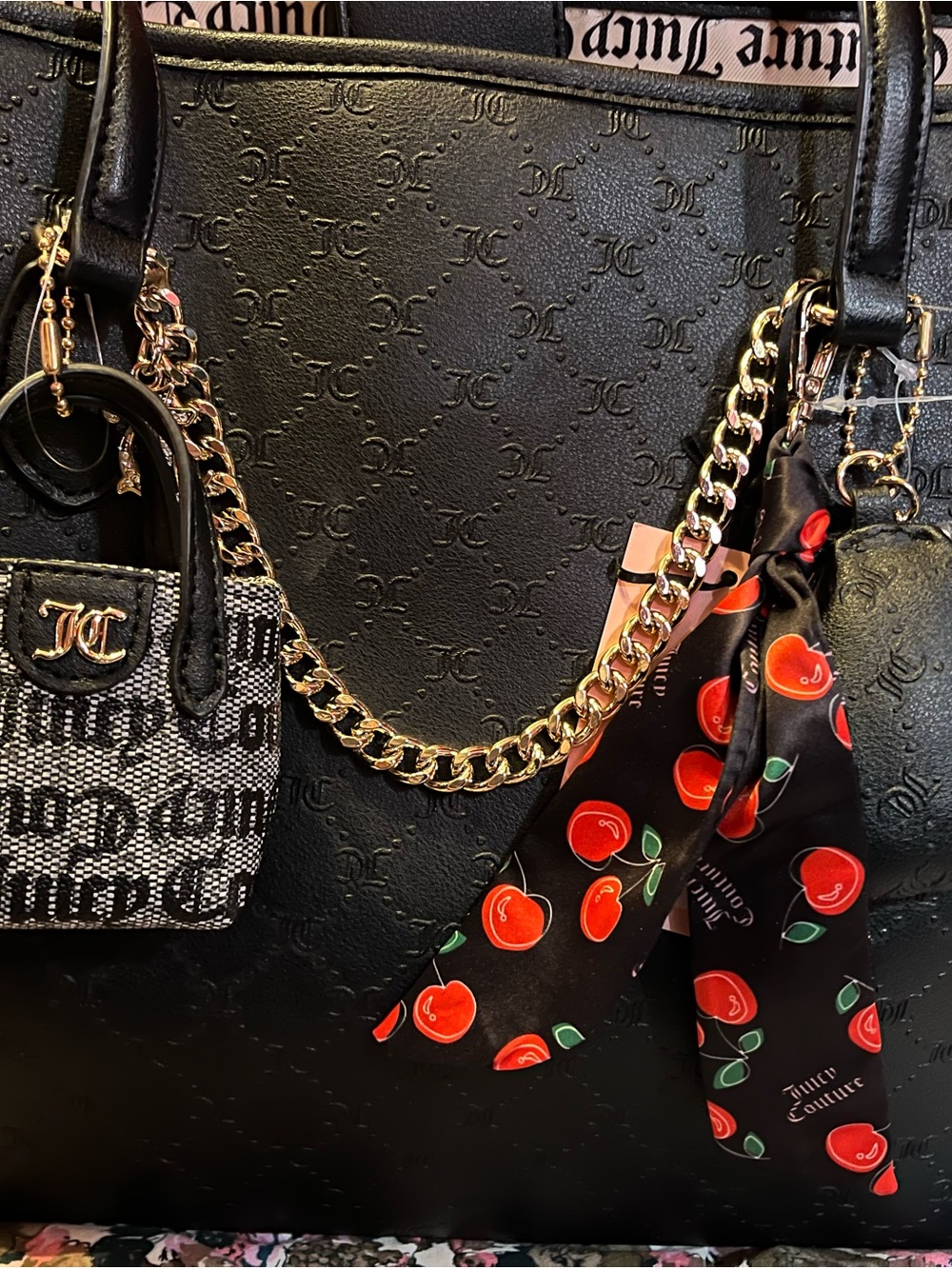 Juicy Couture Black Tote with Gold Chain and Cherry Scarf Accent